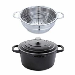 Lot Cocotte Légère Ronde Fonte Aluminium 24 Cm 4,5 L Et Panier Vapeur Multidiamètre